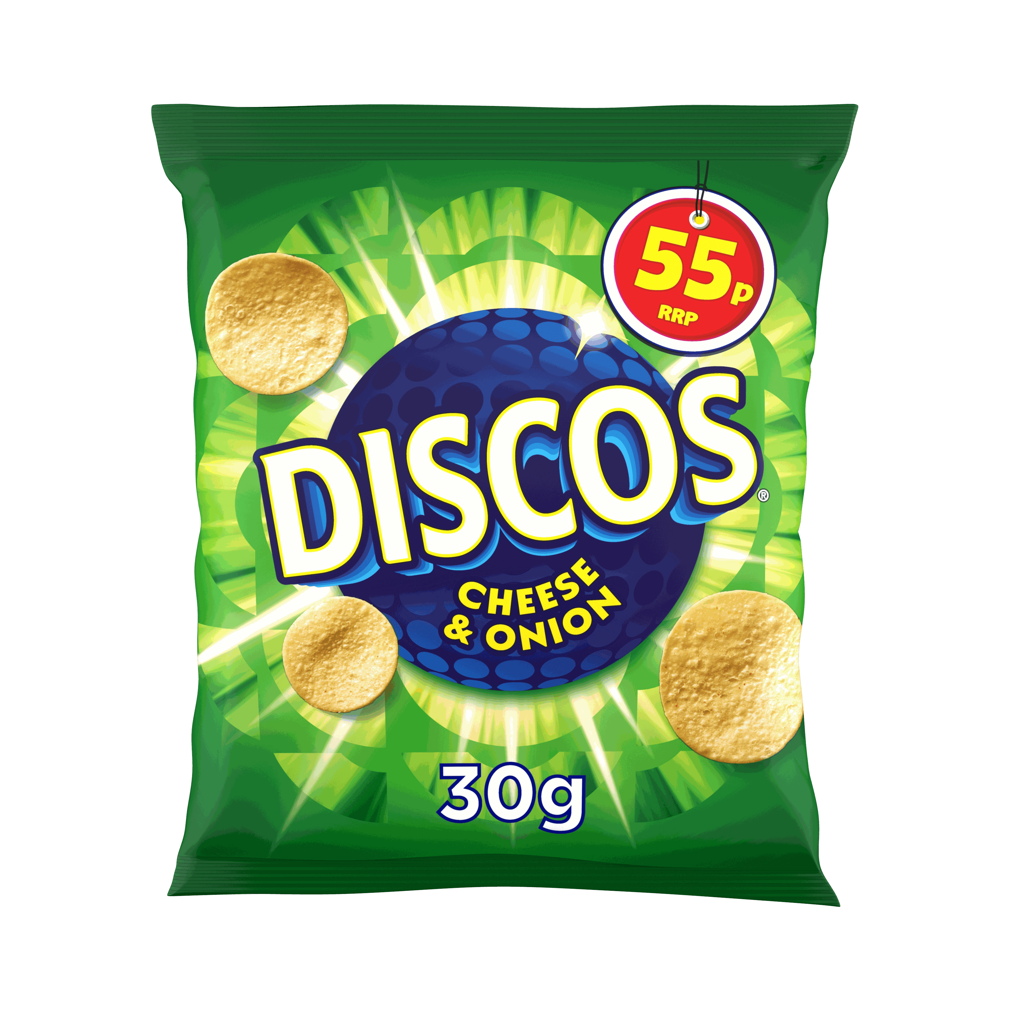 Discos Cheese & Onion Crisps 30g, 55p PMP