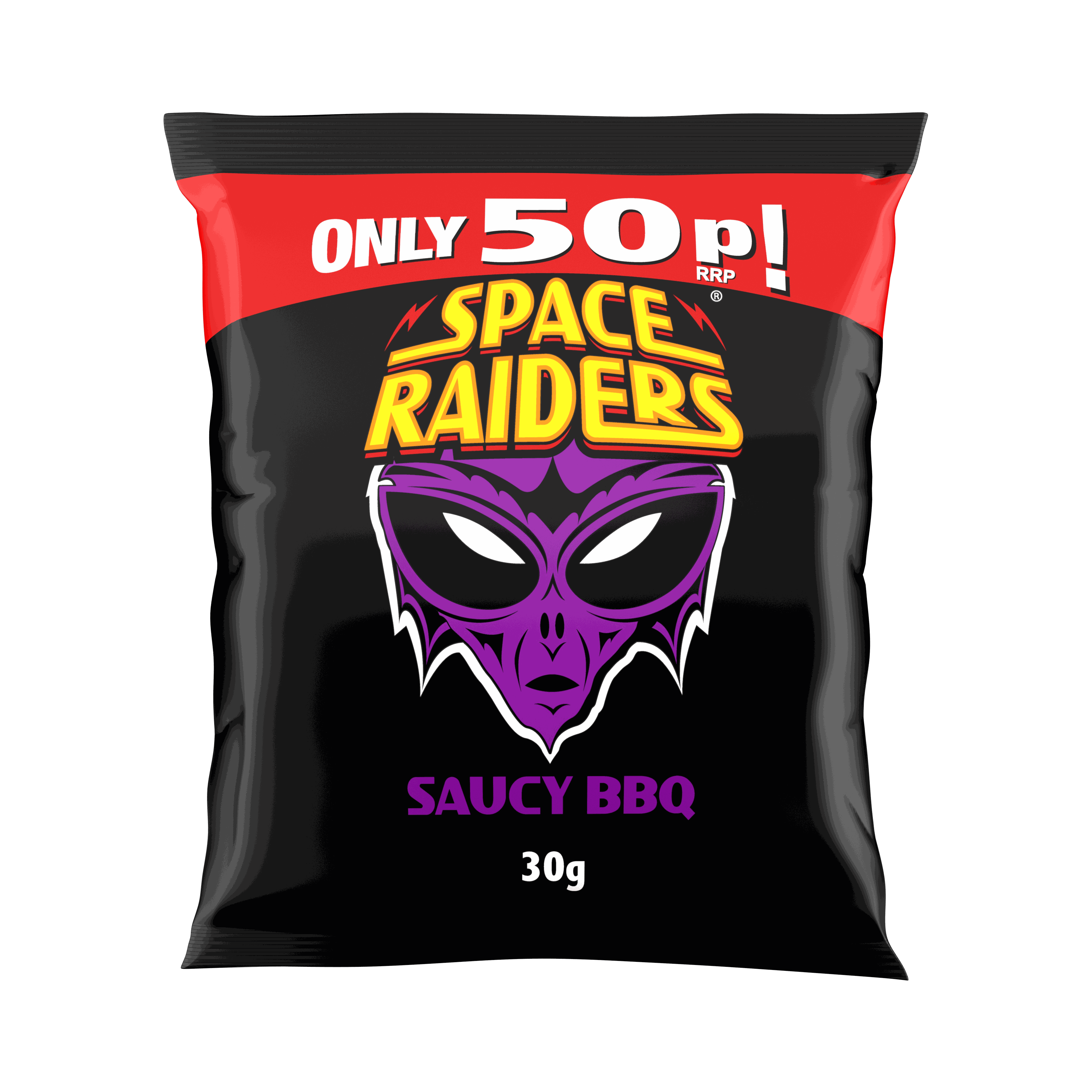 Space Raiders Saucy BBQ Crisps 30g, 50p PMP